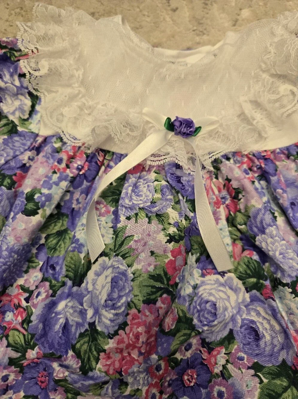 Vintage 1990s Purple Pink Floral Lace Collar Special Occasion Dress